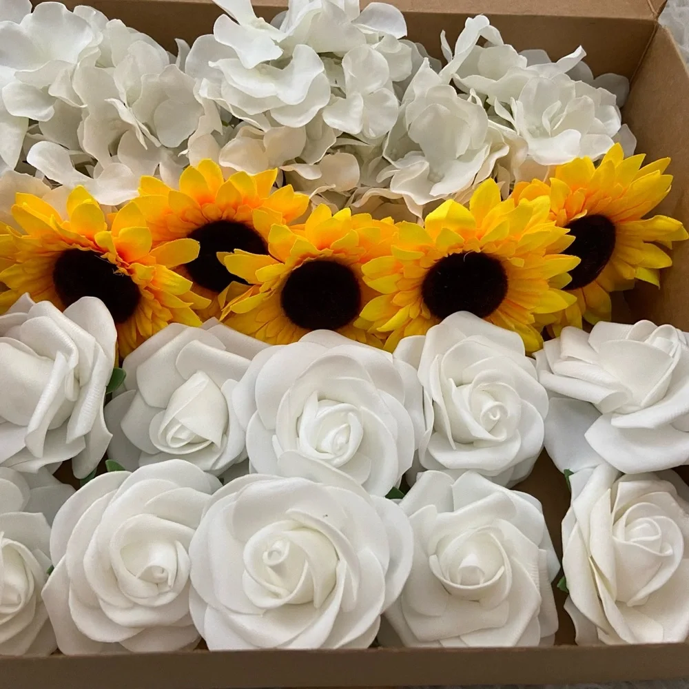 20 Count | White Hydrangeas Roses Sunflowers Bouquet Centerpiece Wedding Decor